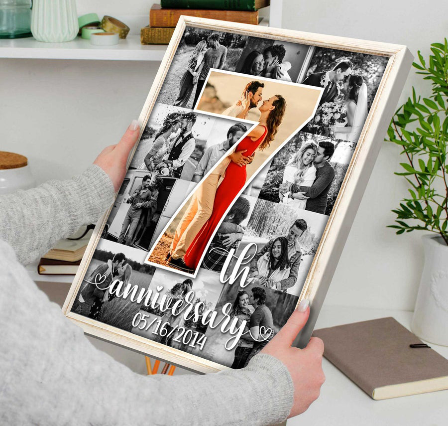 Personalized Photo Collage Canvas Art, 7th Anniversary Collage Gift, Black and White Canvas