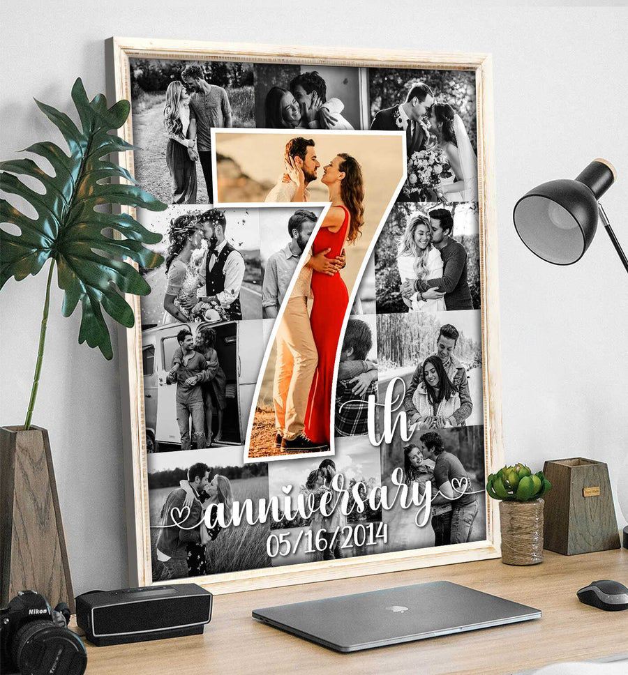 Personalized Photo Collage Canvas Art, 7th Anniversary Collage Gift, Black and White Canvas