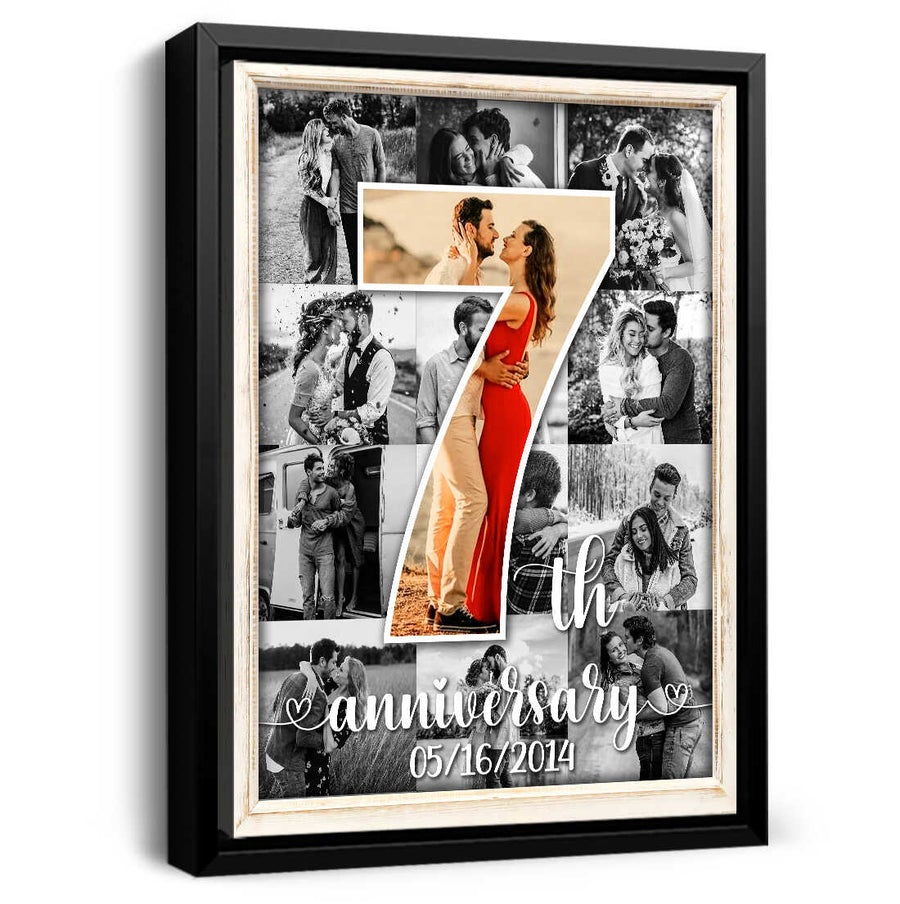 Personalized Photo Collage Canvas Art, 7th Anniversary Collage Gift, Black and White Canvas