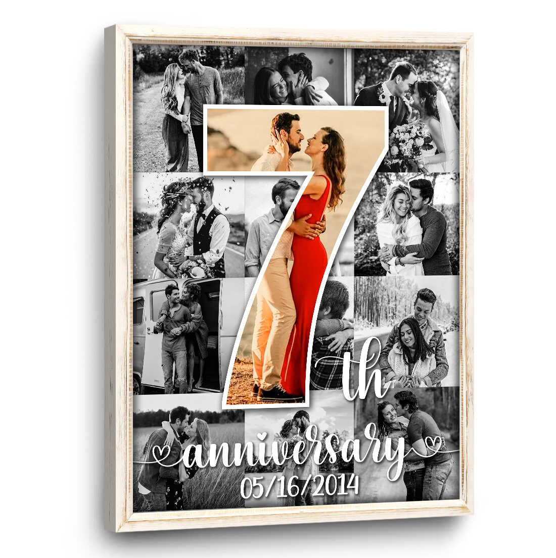 Personalized Photo Collage Canvas Art, 7th Anniversary Collage Gift, Black and White Canvas